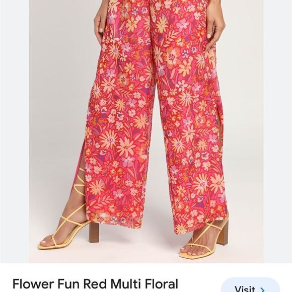Lulu’s Fun Red Multi Floral Print Wide Leg Pant - Picture 1 of 4